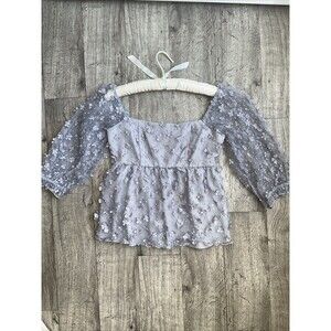 Charmed Hearts Floral Embroidered Sheer‎ Puff Sleeve Top Sku5